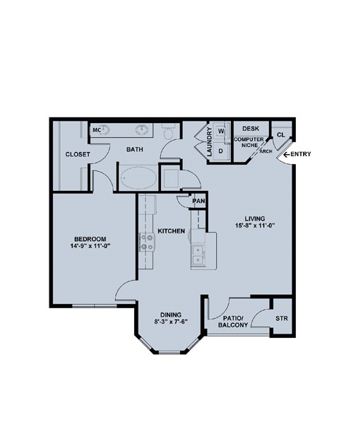 A floor plan of a small apartment with a living room, bedroom, and kitchen.